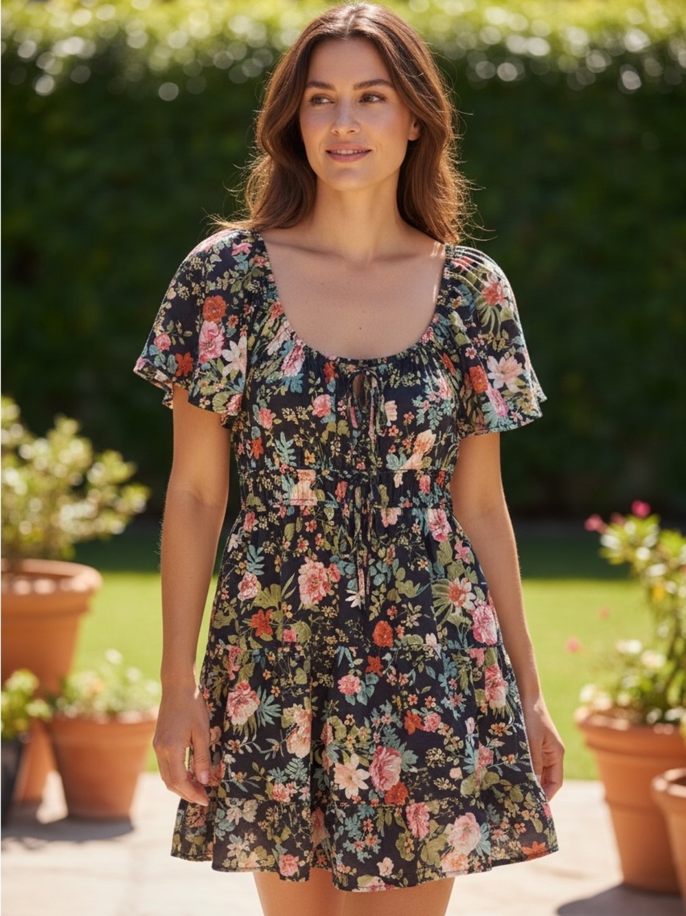 Blu Pepper Navy Floral Tie-Waist Mini Dress